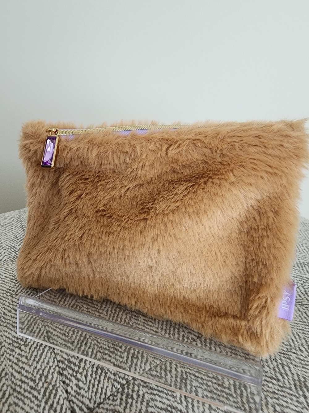 Ipsy Faux Fur Cosmetic Pouch With Purple Crystal And Lining - Tan